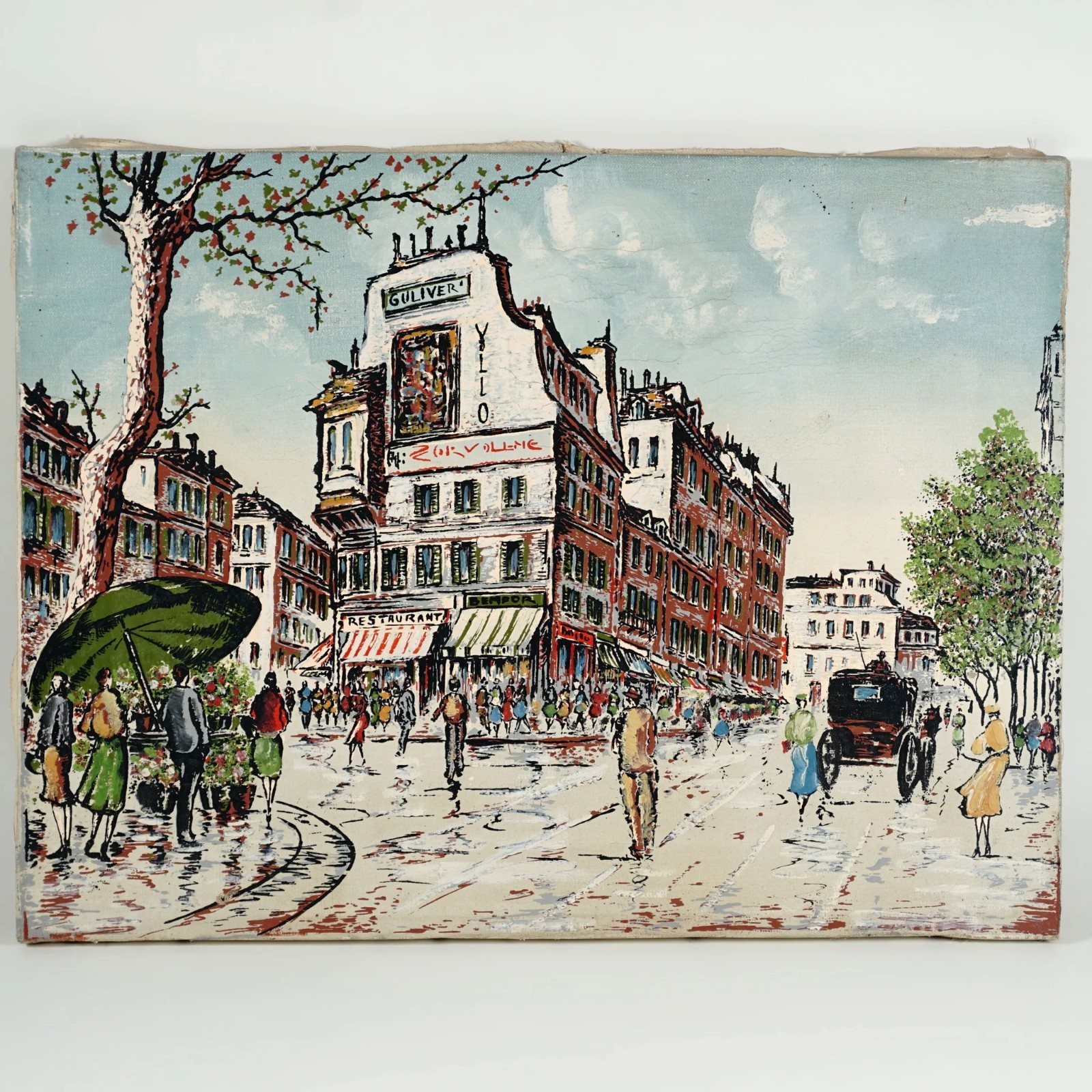 Vintage French Paris Street Scene Oil Painting on Canvas Vintage French Paris Street Scene Oil Painting on Canvas