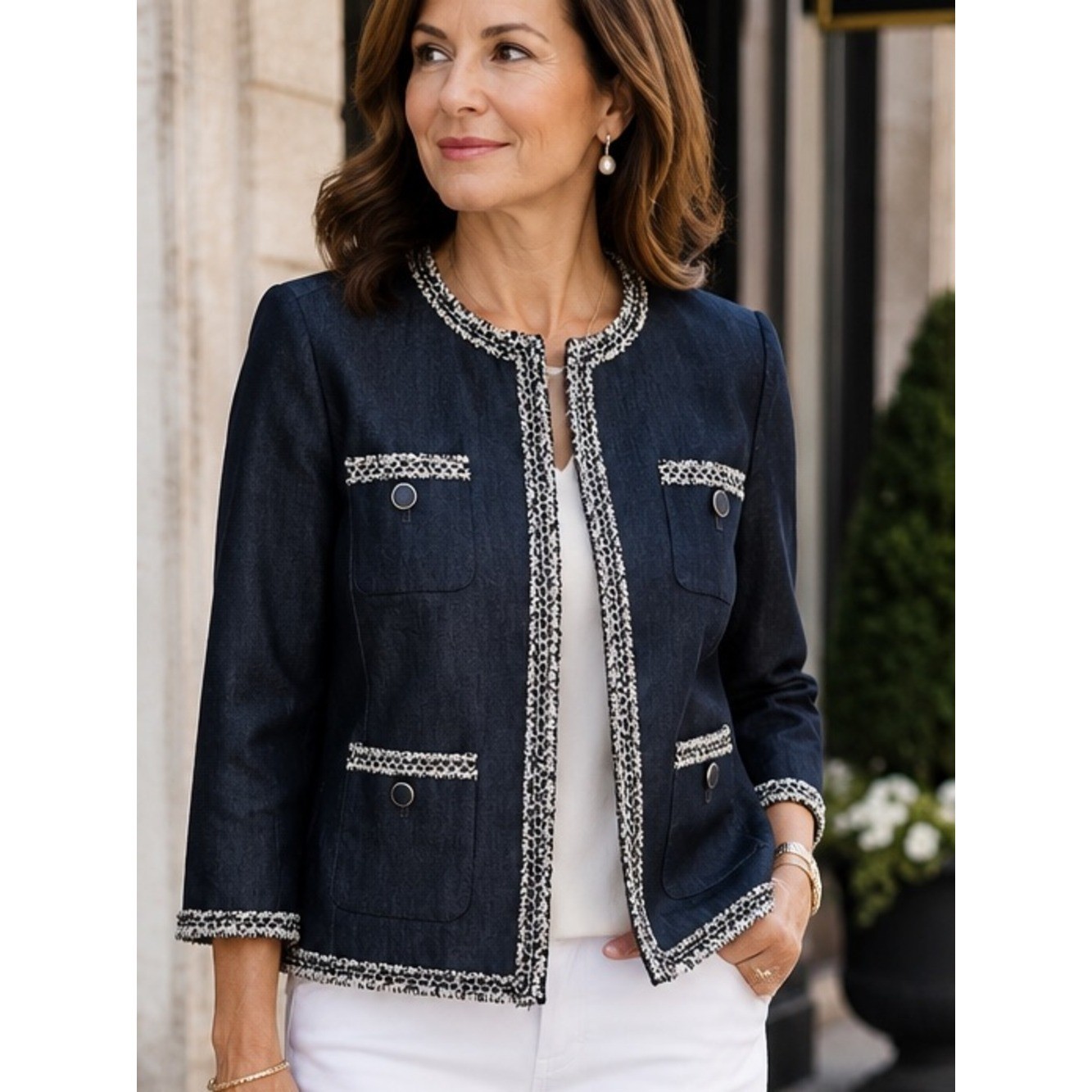 Talbots Petite 6P Denim Look Tweed Trim Jacket NWT Career Executive Chic Blazer