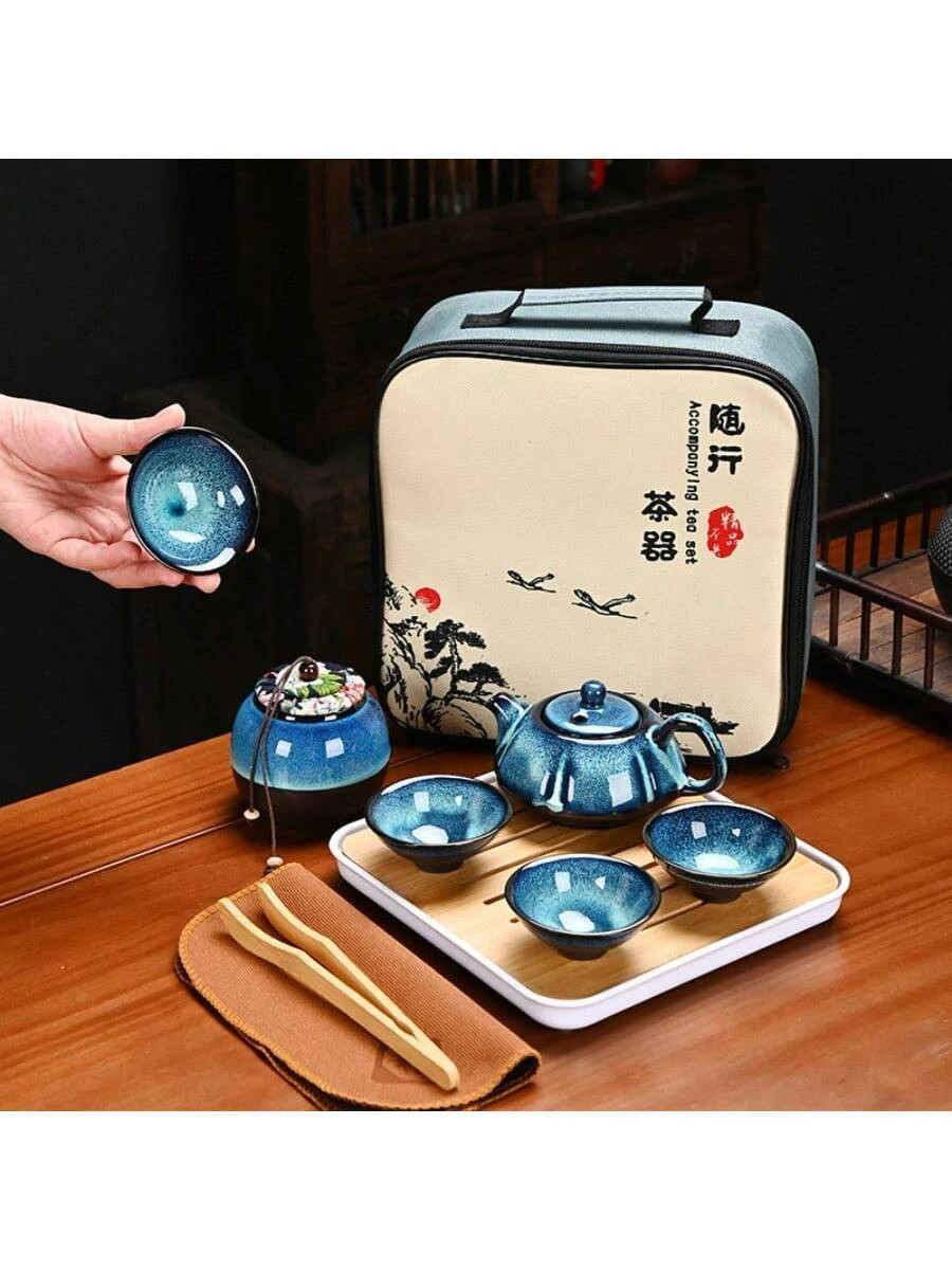 Portable Tea Set For Women Adults Teapot Cup Caddy Tray Bag Travel Home