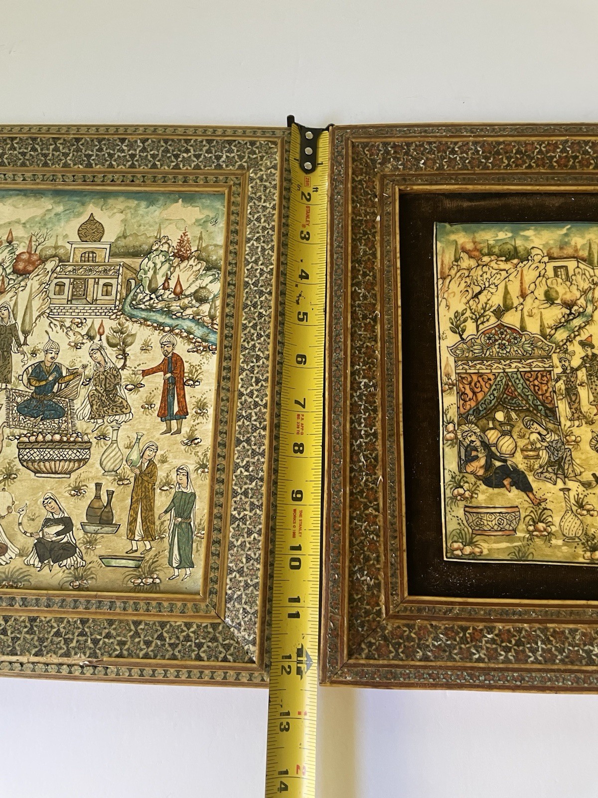Rare Pair of Persian Qajar Style Miniature Paintings with Khatam Frames