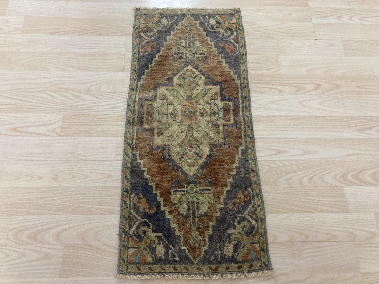 Vintage Anatolian Rug 1.1x2.5 Ft Handmade Turkish Brown Tribal Medallion Carpet