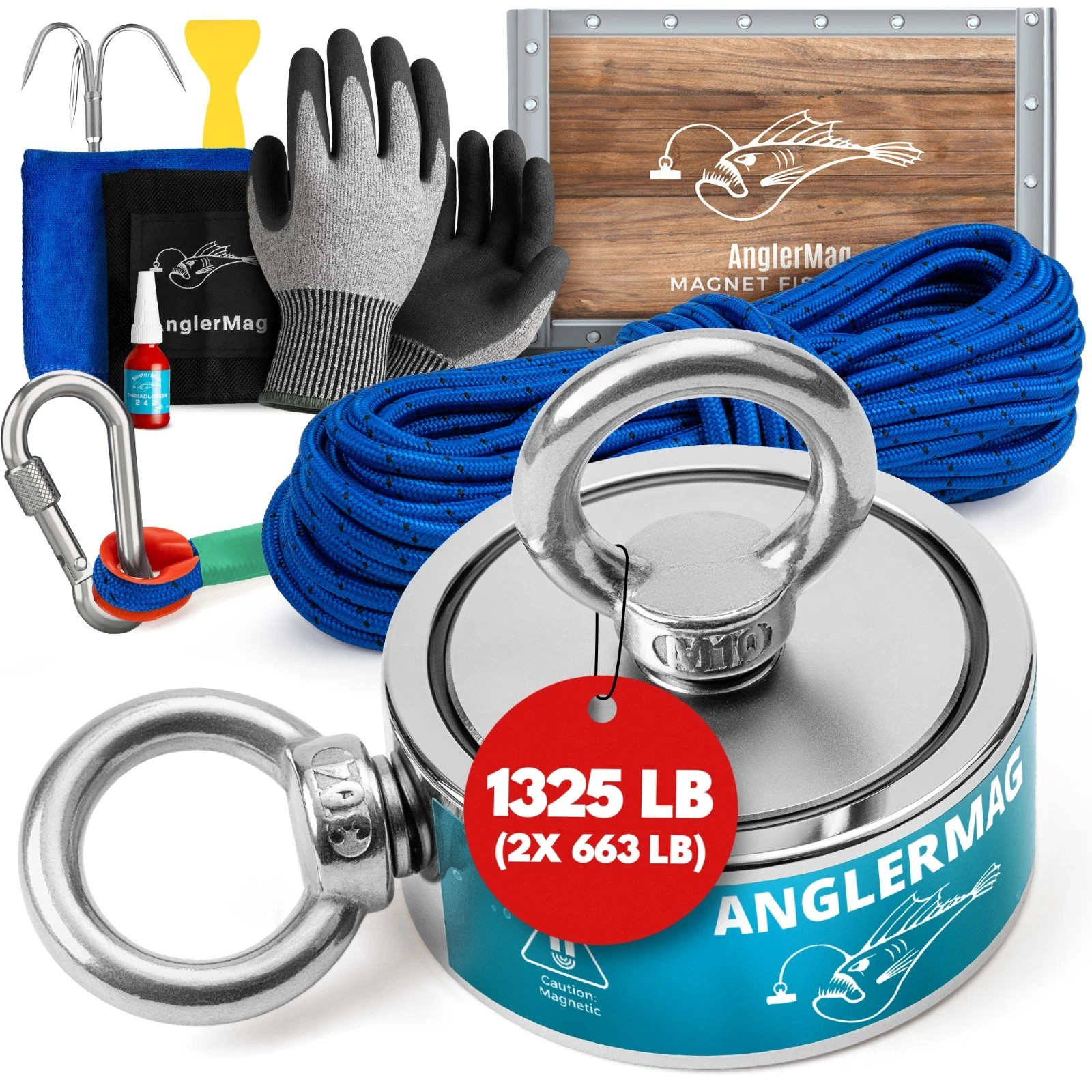 Magnet Fishing Kit AnglerMag - Strong Double Sided Magnetic Fishing Complete Kit