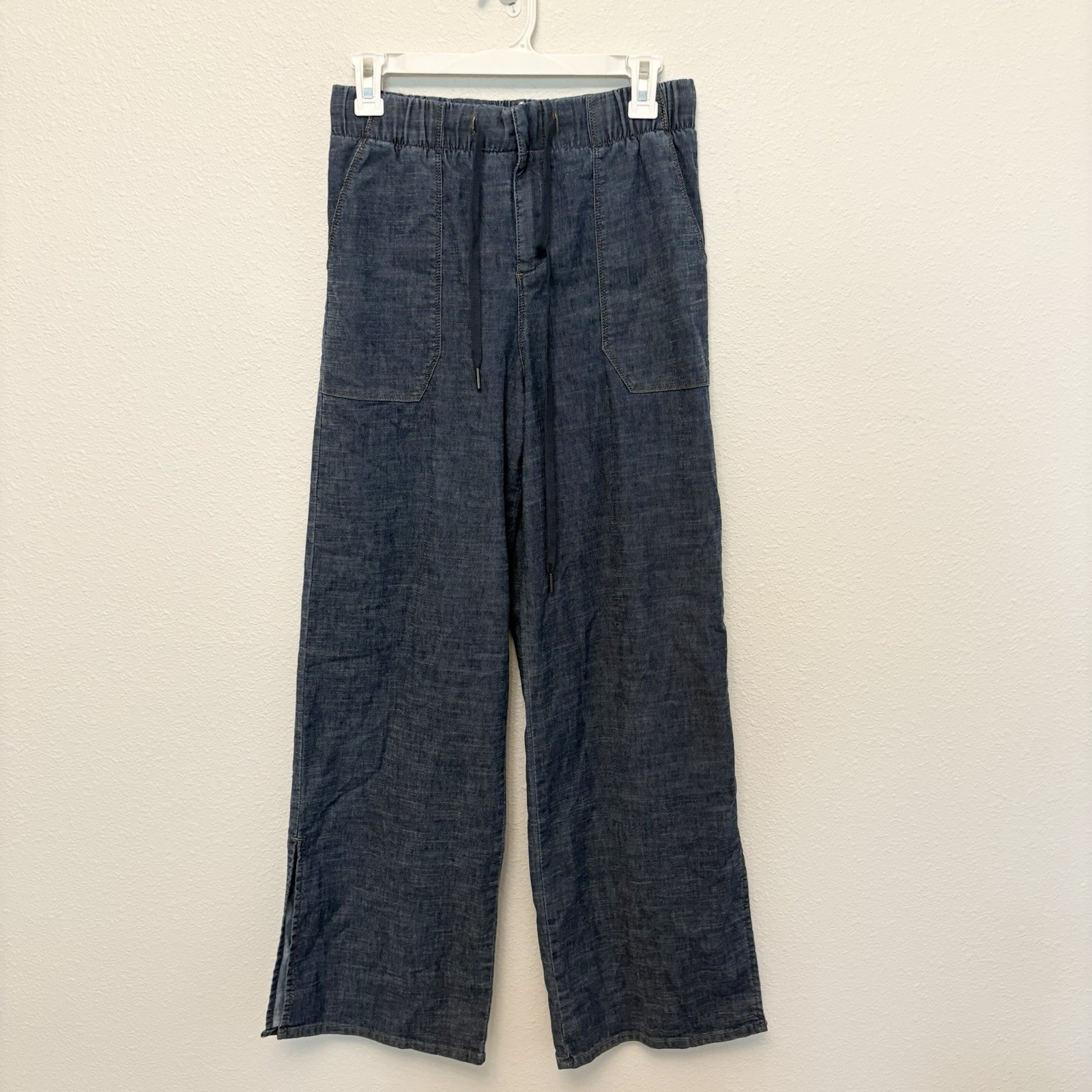 Evereve Women\'s Size S Hemp Blend Wide Leg Pants Stretch Stargazer Chambray Slit