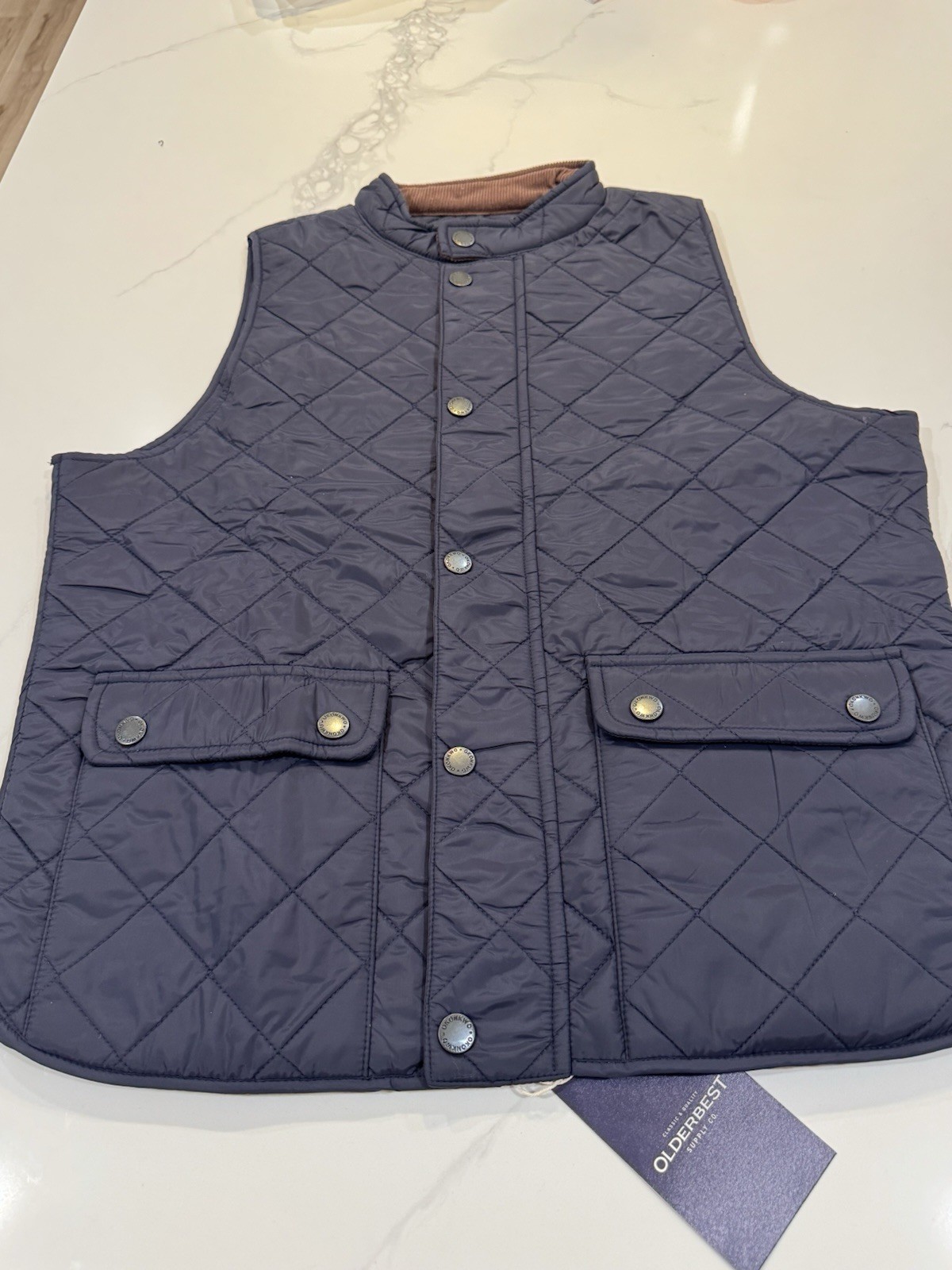 Okonkwo Mfg Co Olderbest Quilted Field Vest Gilet Navy Mens L Corduroy NWT