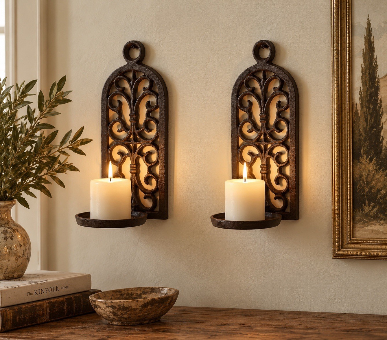 Pair Vintage Spanish Black Cast Iron Wall Sconces Metal Scroll Candle Holder 10” Pair Vintage Spanish Black Cast Iron Wall Sconces Metal Scroll Candle Holder 10”
