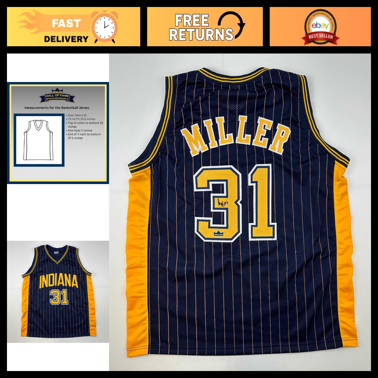 Autographed Reggie Miller Blue Pinstripe Reprint Basketball Jersey XL - Men's Sp