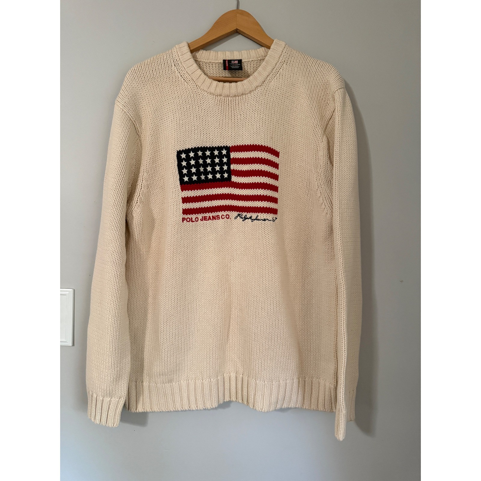 Vintage Polo Jeans Co Ralph Lauren Sweater men\'s Large Cream American Flag prep
