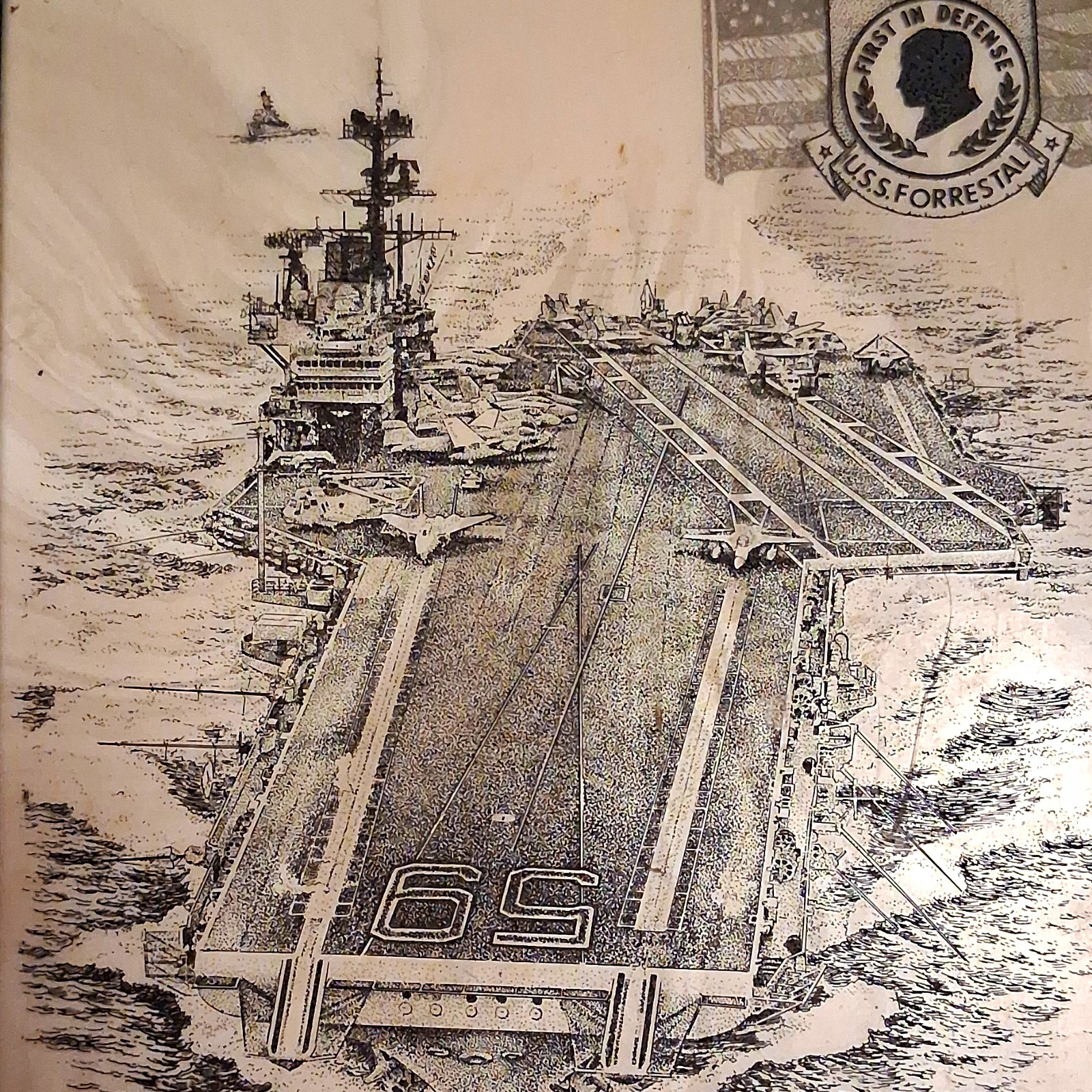 Vintage 1991 John Wills  USS Forrestal CVA-59 Cultured Marble Etching Plaque