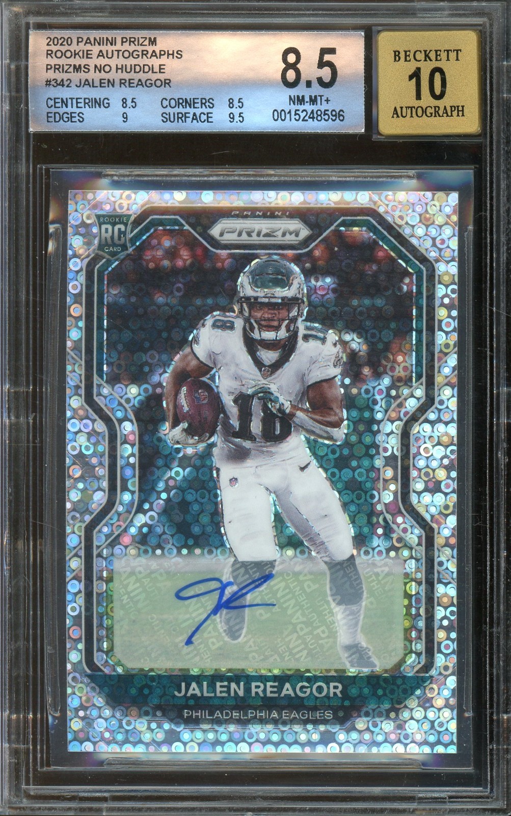 Jalen Reagor Eagles Panini No Huddle Prizm Card #342 NM-MT 8.5 & Signed Grade 10