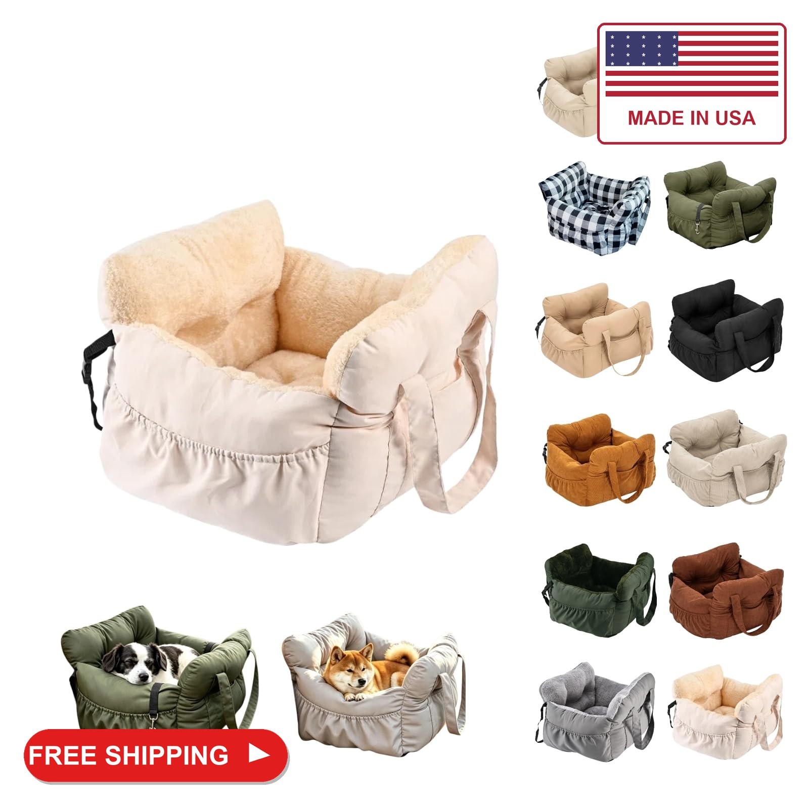Pet Road Trip Accessory Car Seat for Small Medium Dog (Plush Beige, M)