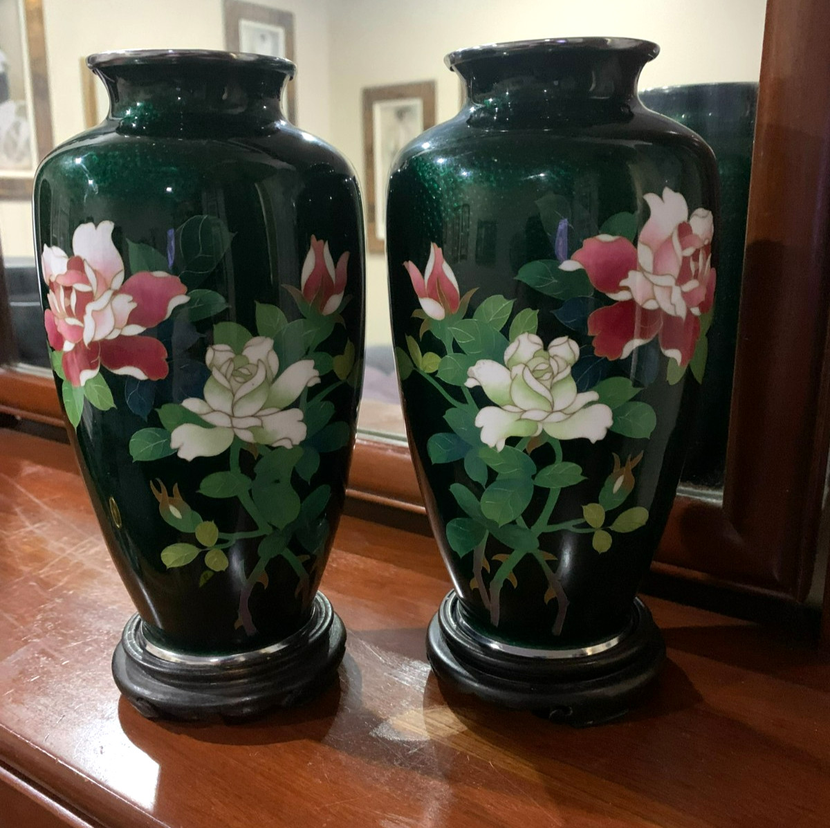 Cloisonne 2ea Ginbari Green Enamel Floral Rose Vase 7-1/4\ Cloisonne 2ea Ginbari Green Enamel Floral Rose Vase 7-1/4\
