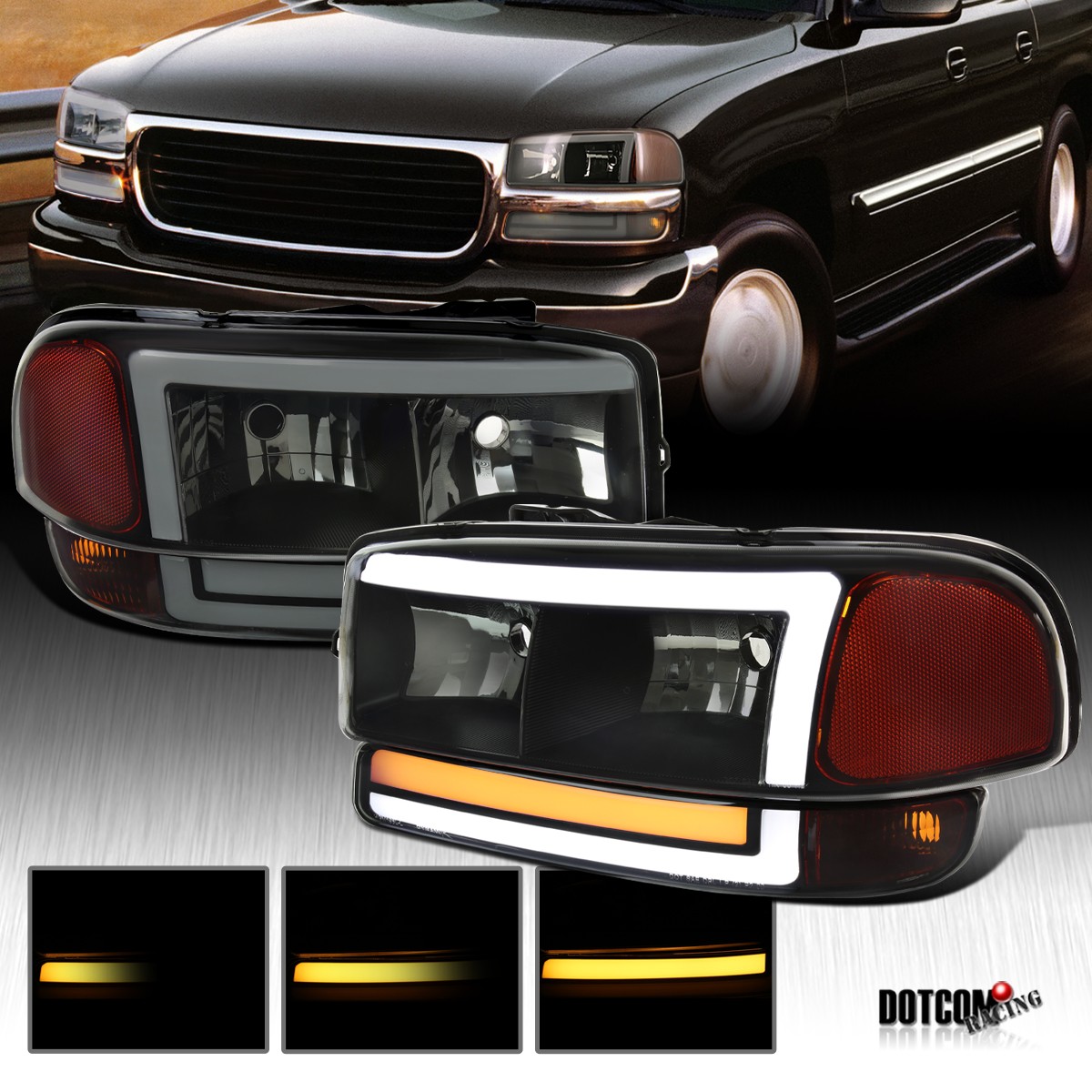 Fits 1999-2006 GMC Sierra Yukon Smoke Headlights+Sequential LED Bumper Lamps