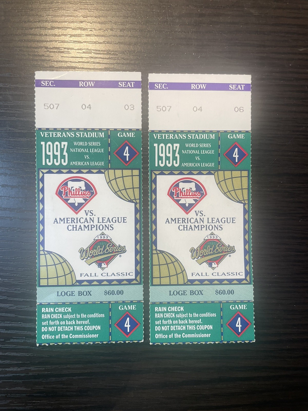 1993 World Series Game 4 Ticket Stub Pair (2) - Phillies vs Blue Jays