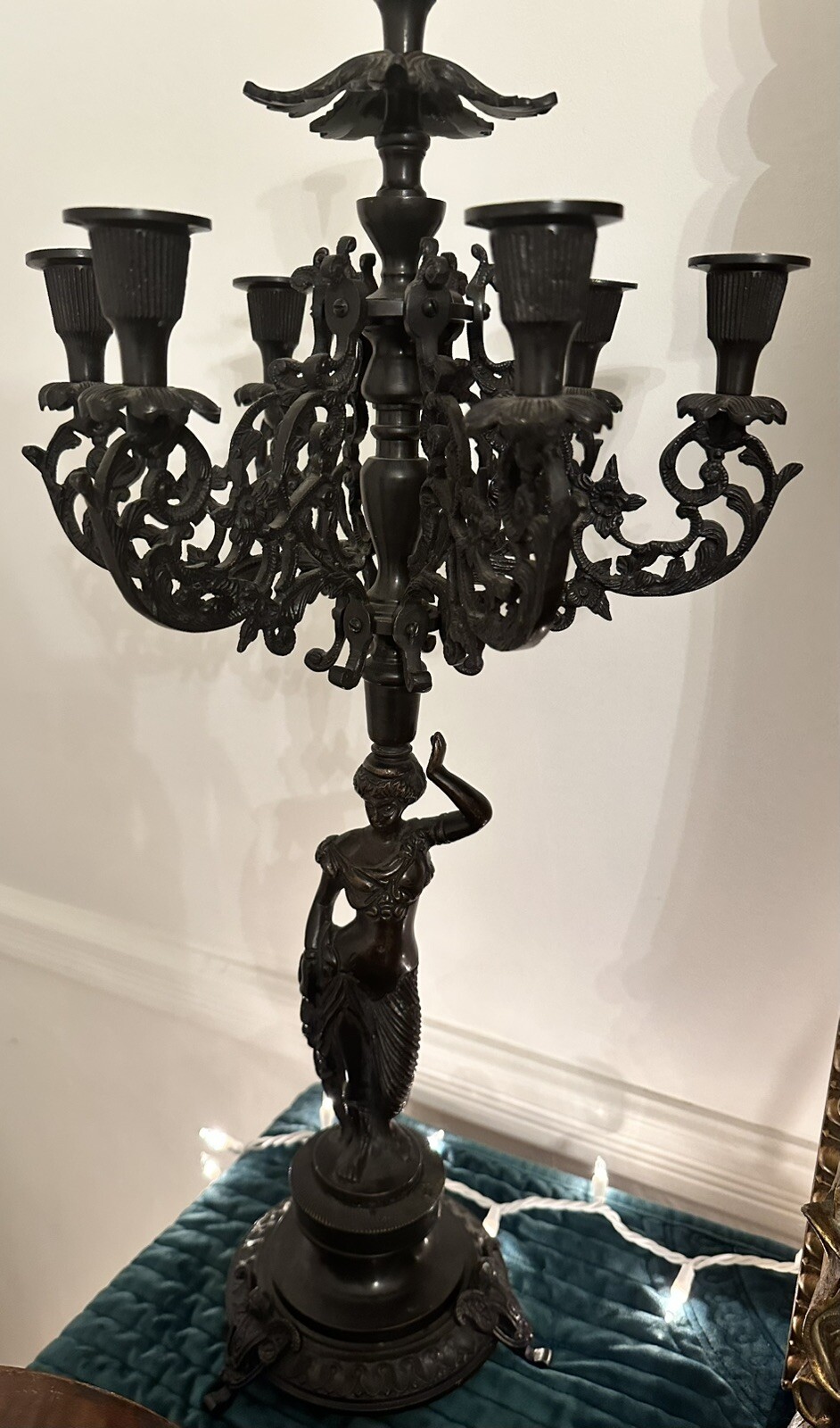 Large Antique Vintage Ornate Bronze Candlestick Candelabra Vestal 22.5”