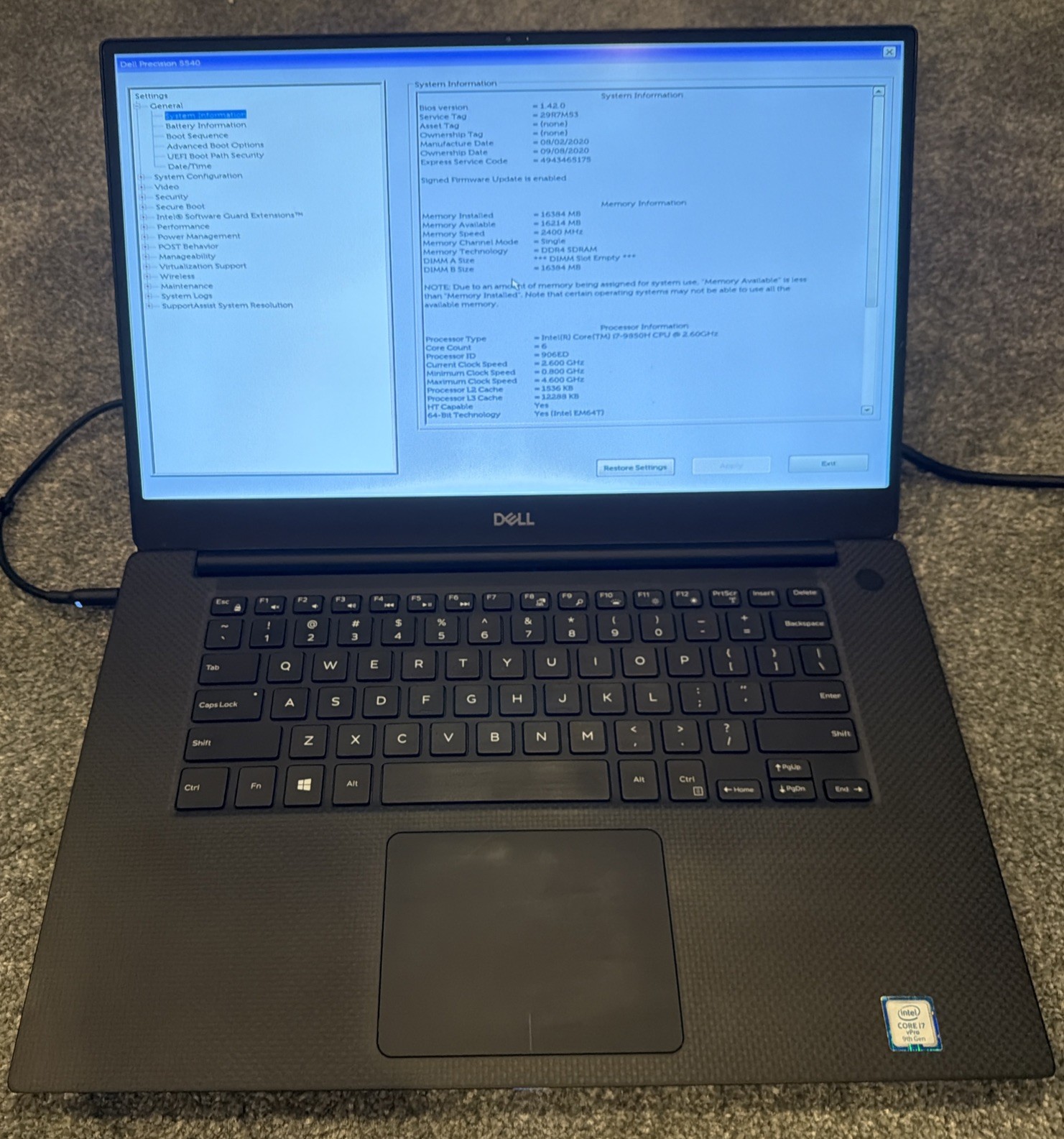 Dell Precision 5540 i7-9850H boots to bios No RAM No SSD. AC ADAPTER INCLUDED Dell Precision 5540 i7-9850H boots to bios No RAM No SSD. AC ADAPTER INCLUDED
