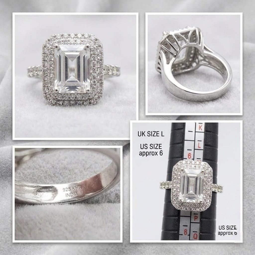 Vintage 925 Sterling Silver Emerald Cut White Topaz Double Halo Ring Size 7 Vintage 925 Sterling Silver Emerald Cut White Topaz Double Halo Ring Size 7
