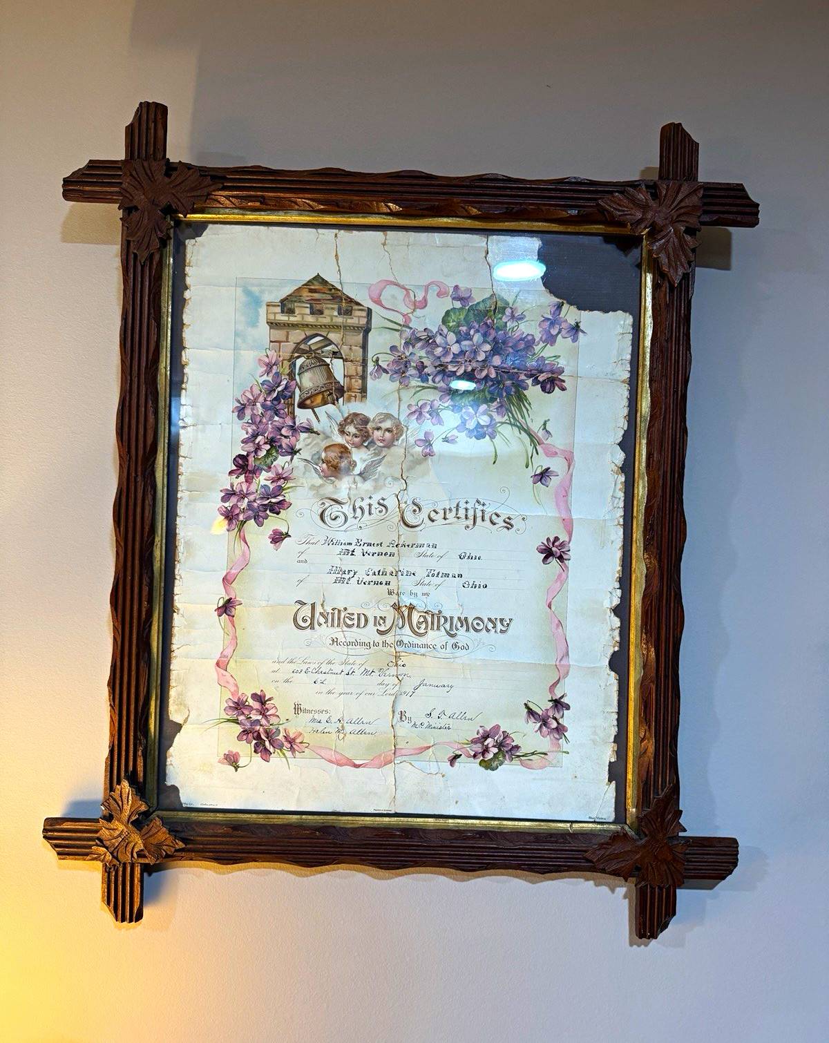 Antique Tramp Art Frame w/ 1917 Ohio Victorian Marriage Certificate Folk Art 