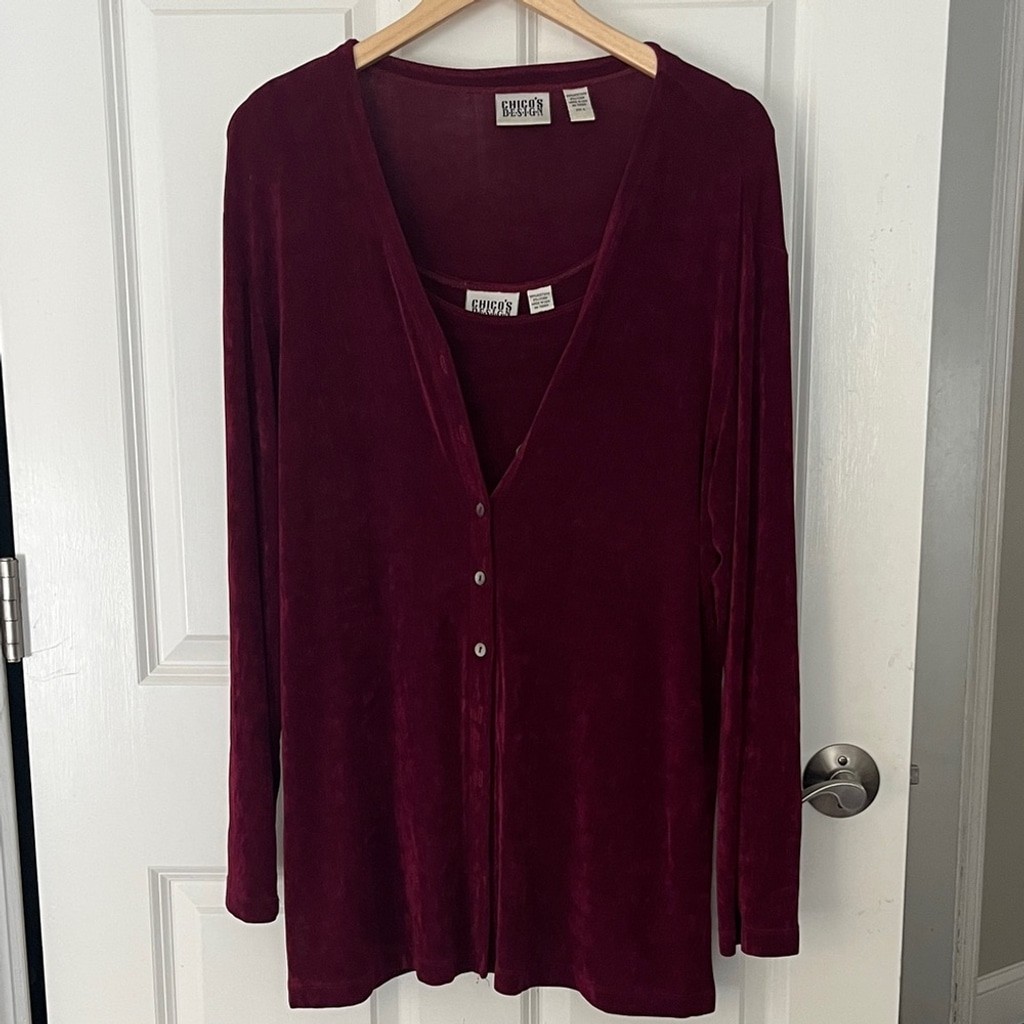 Chico\'s Burgundy Wine Vintage Cardigan traveler set sz XL
