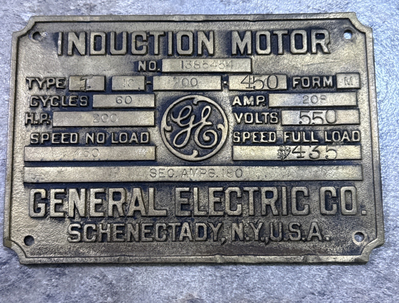 Vintage General Electric GE Induction Motor Nameplate 200 HP Industrial Brass