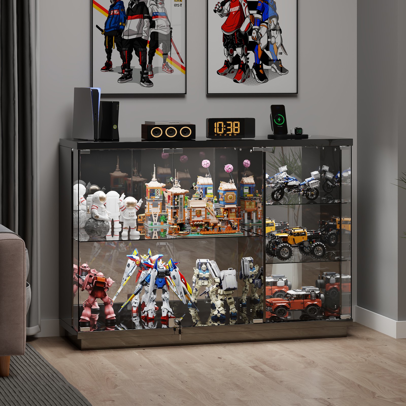 Large Glass Display Cases with Human Sensor and 3 Color Lights for Collectibles Large Glass Display Cases with Human Sensor and 3 Color Lights for Collectibles