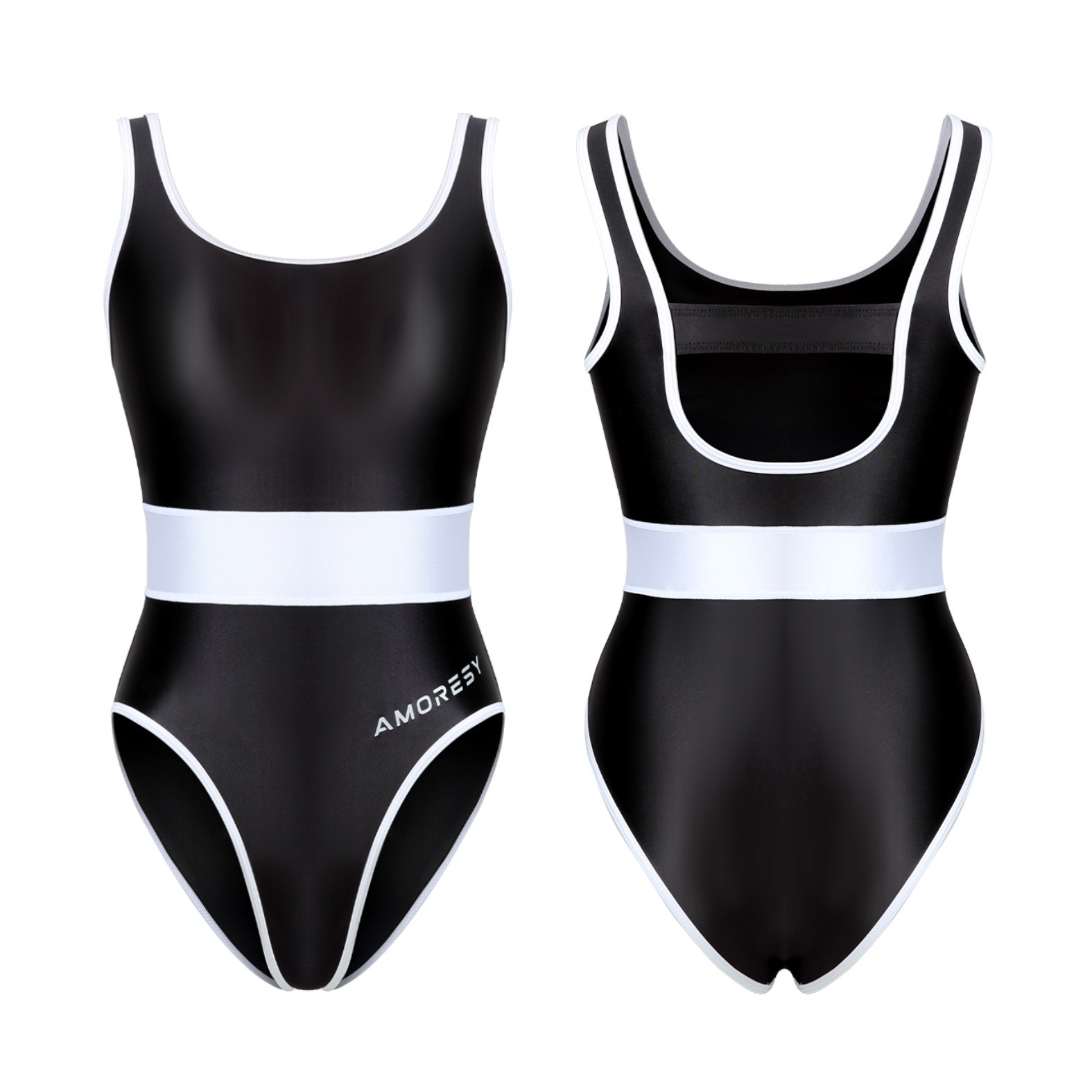 AMORESY  Women's One piece Swimsuit Shiny Glossy Swimwear Sportswear Spa Swim