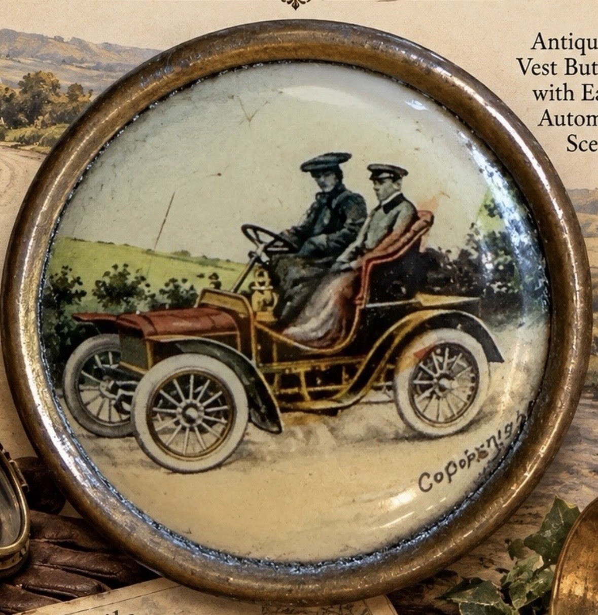 Antique Early Automobile Litho Celluloid Waistcoat Vest Button 9/16