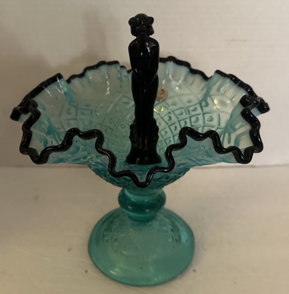 Rare Fenton Bowl With Nymph Teal, Irdecent Spanish Lace 9 1/2” Tall Rare Fenton Bowl With Nymph Teal, Irdecent Spanish Lace 9 1/2” Tall
