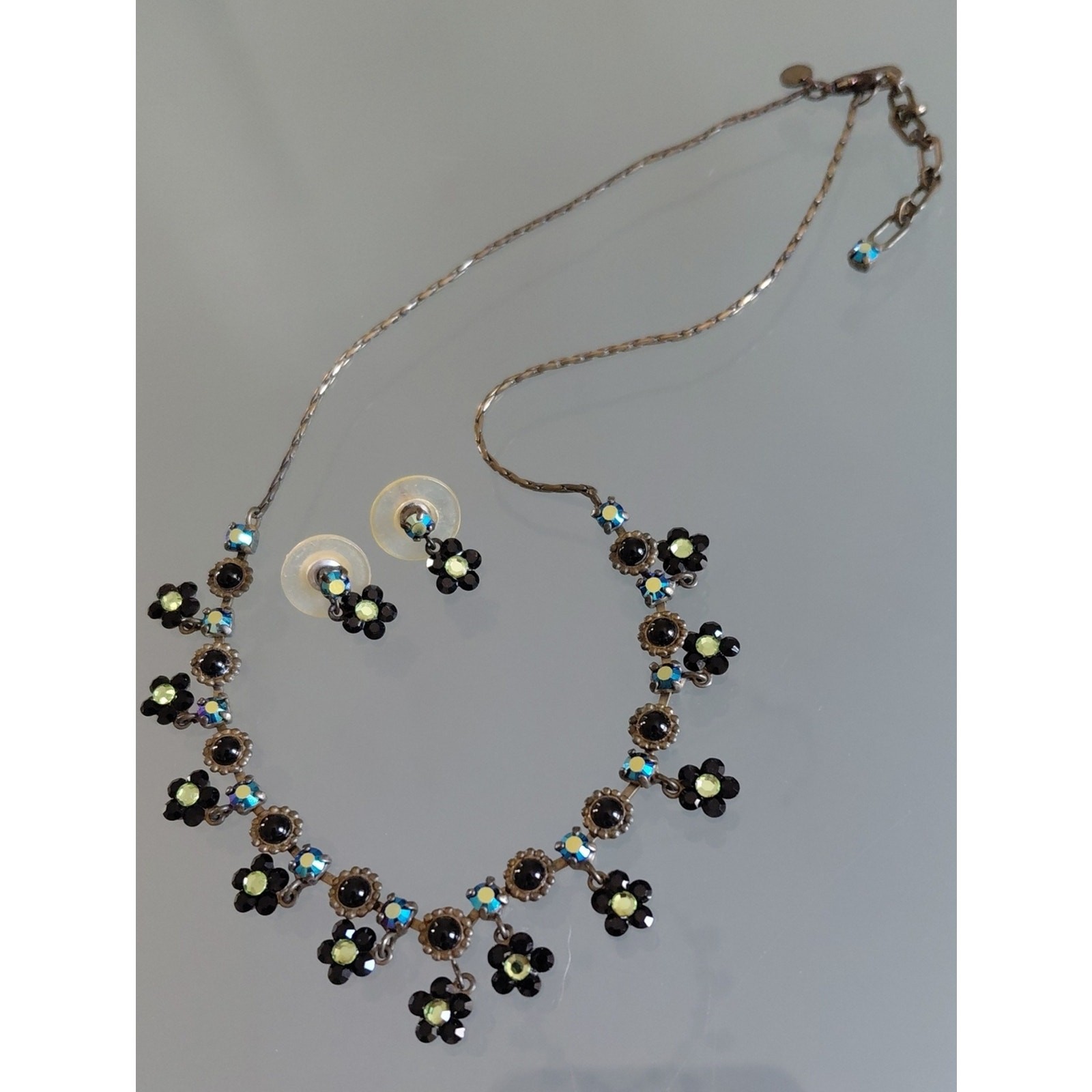 Vintage Butler & Wilson Black & AB Crystal Flower Necklace Earring Set