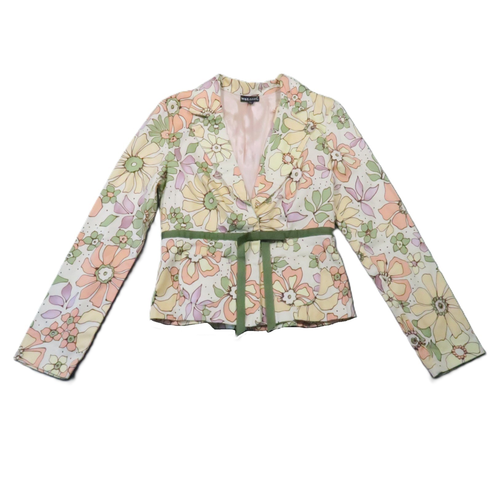 Wet Seal Vintage Blazer M Green Yellow Floral Lined Stretch Hippie 90s 70s Y2K Wet Seal Vintage Blazer M Green Yellow Floral Lined Stretch Hippie 90s 70s Y2K