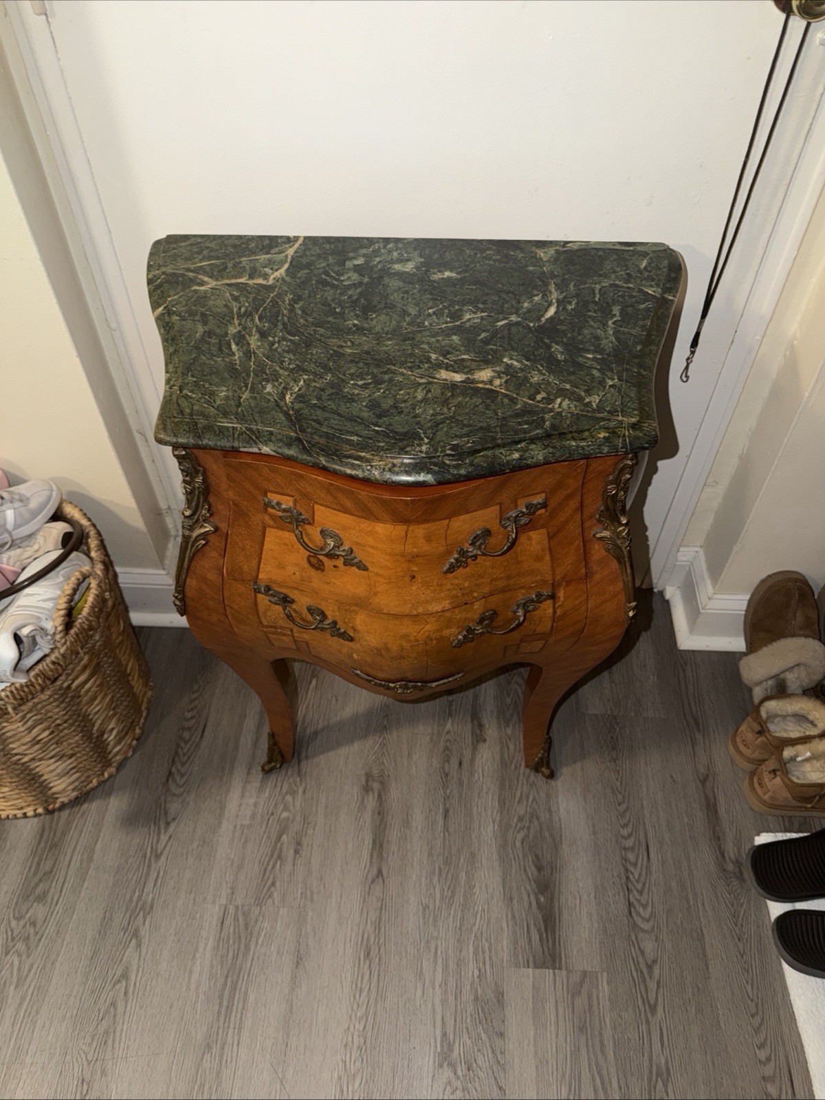 Antique French  Marble Top Commode with Floral Inlay, Bronze Handles, 2 Drawers