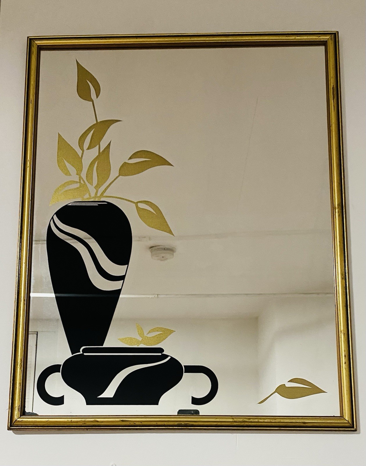 Vintage MCM Hollywood Regency Floral Painted Mirror 1980s Gold & Black 29x24