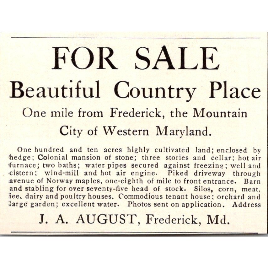 Beautiful Country Place For Sale J. A. August Frederick MD 1906 Ad SAH6-M4