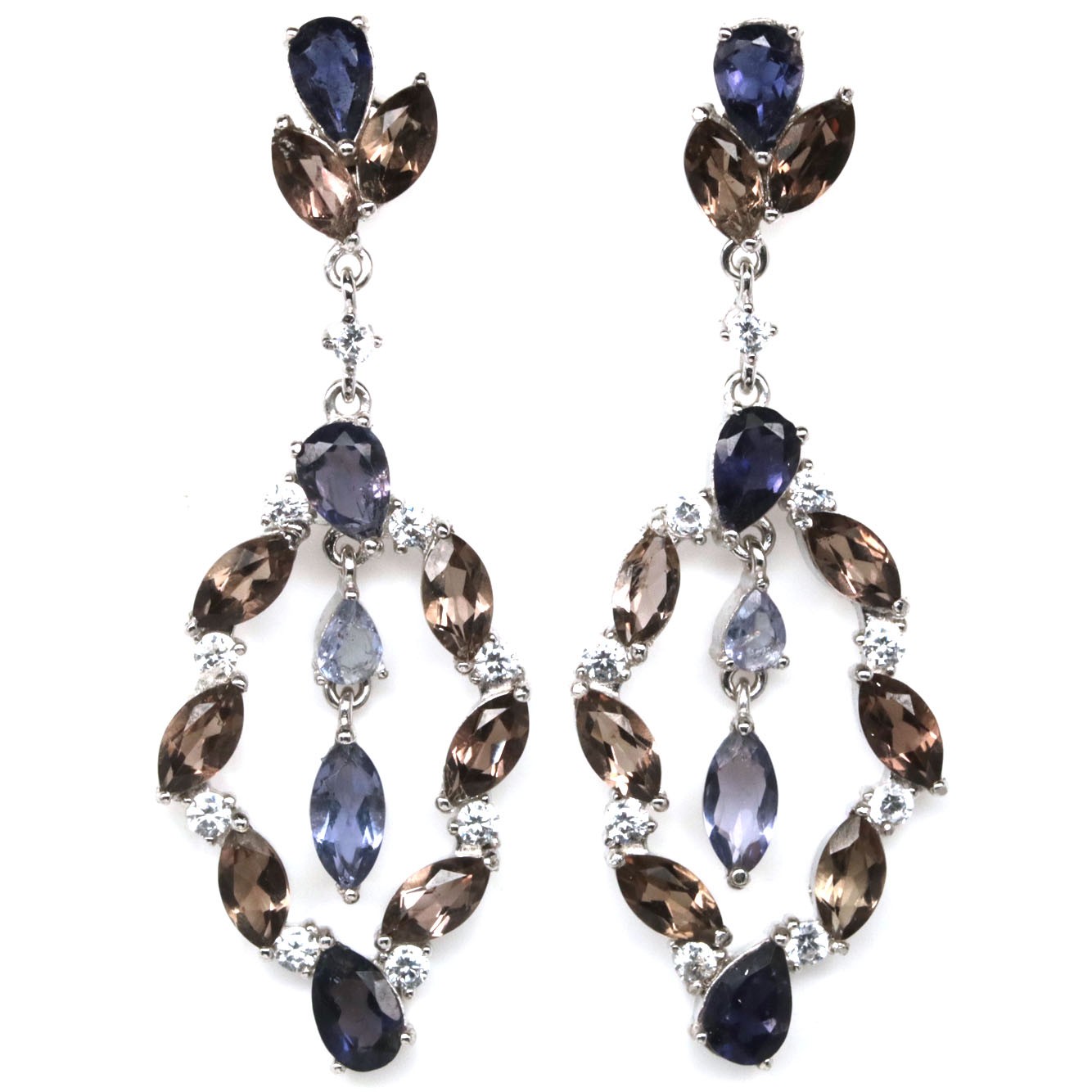 Thai Handmade 4 x 8 mm. Blue Tanzanite, Iolite, Quartz & Zircon Earrings