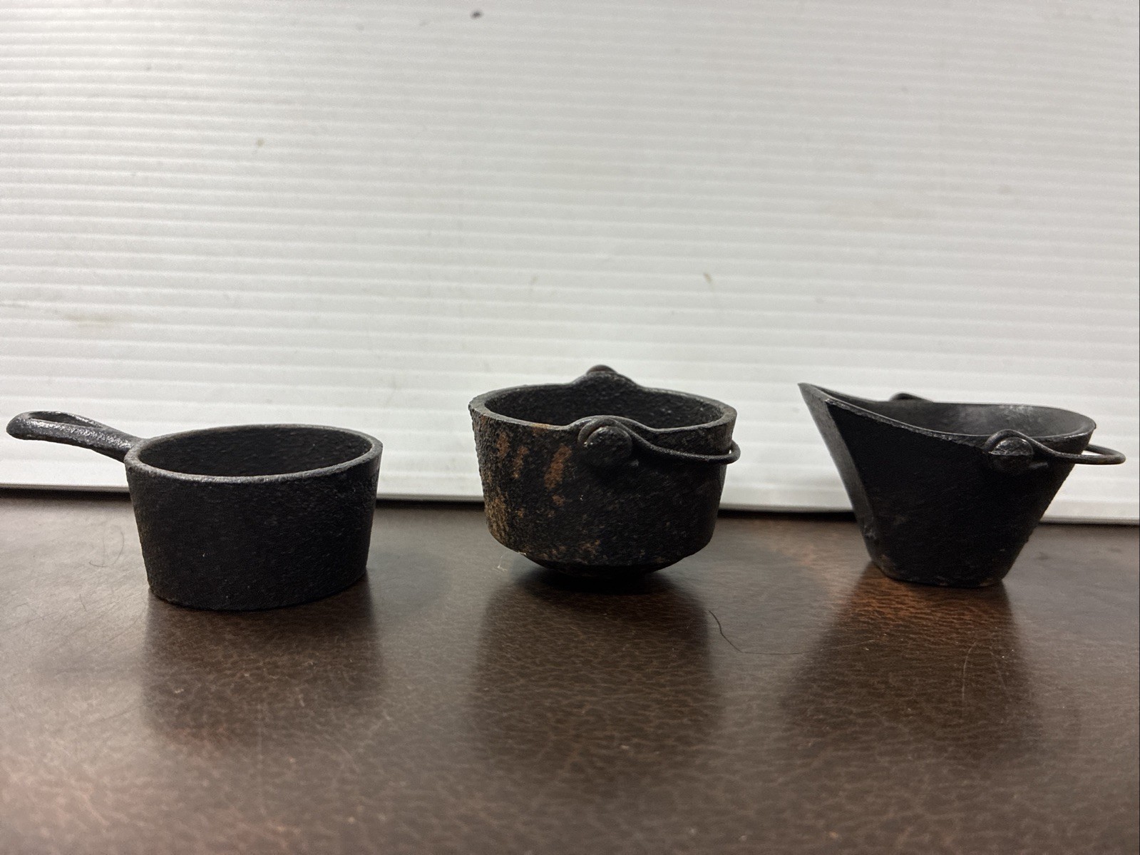 Vintage 3pc Dollhouse Miniature Cast Iron Pot, Pan, and Coal Bucket