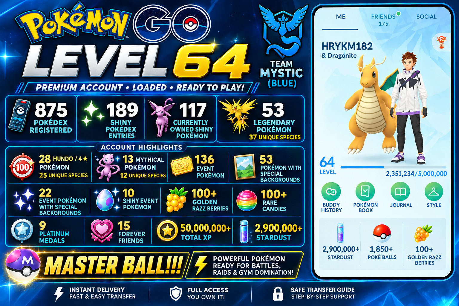 Pokemon Acc Level 64 | 53 Legendary | 117 Shiny | 3M Stardust Instant Delivery