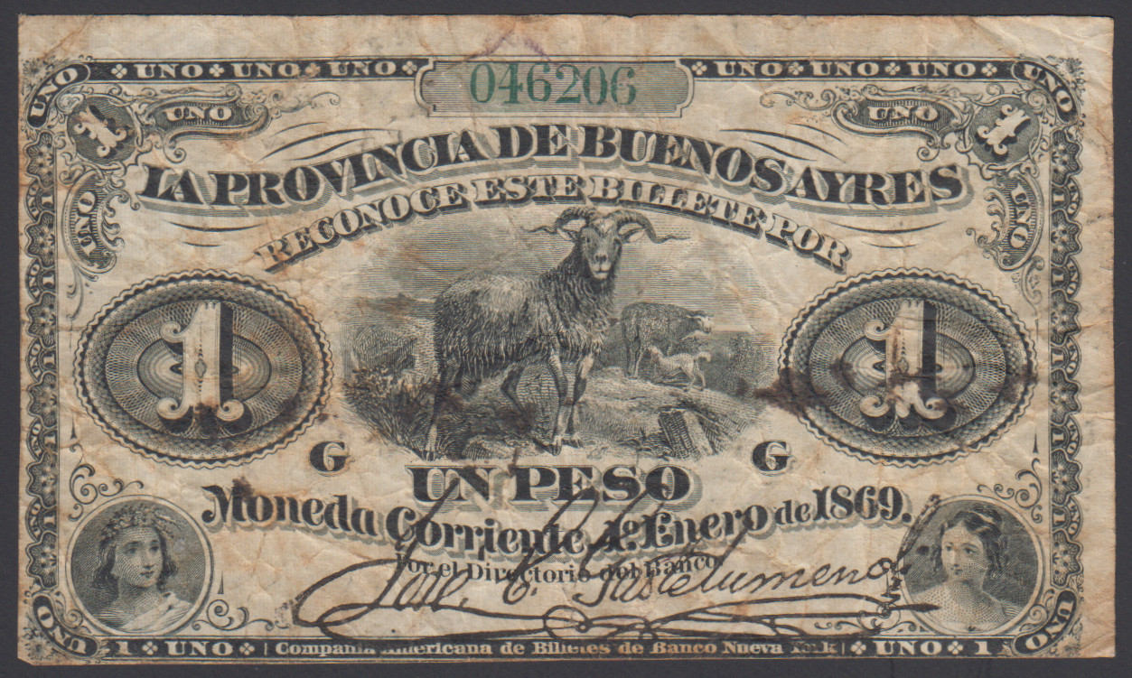 Argentina 1 Peso 01-01-1869 F-VF P. S481b, Banknote, Circulated Argentina 1 Peso 01-01-1869 F-VF P. S481b, Banknote, Circulated