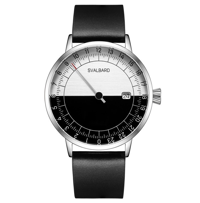 Svalbard NOONDAY AA1F Swiss Quartz Steel Leather Silver Black 24H Men\'s Watch