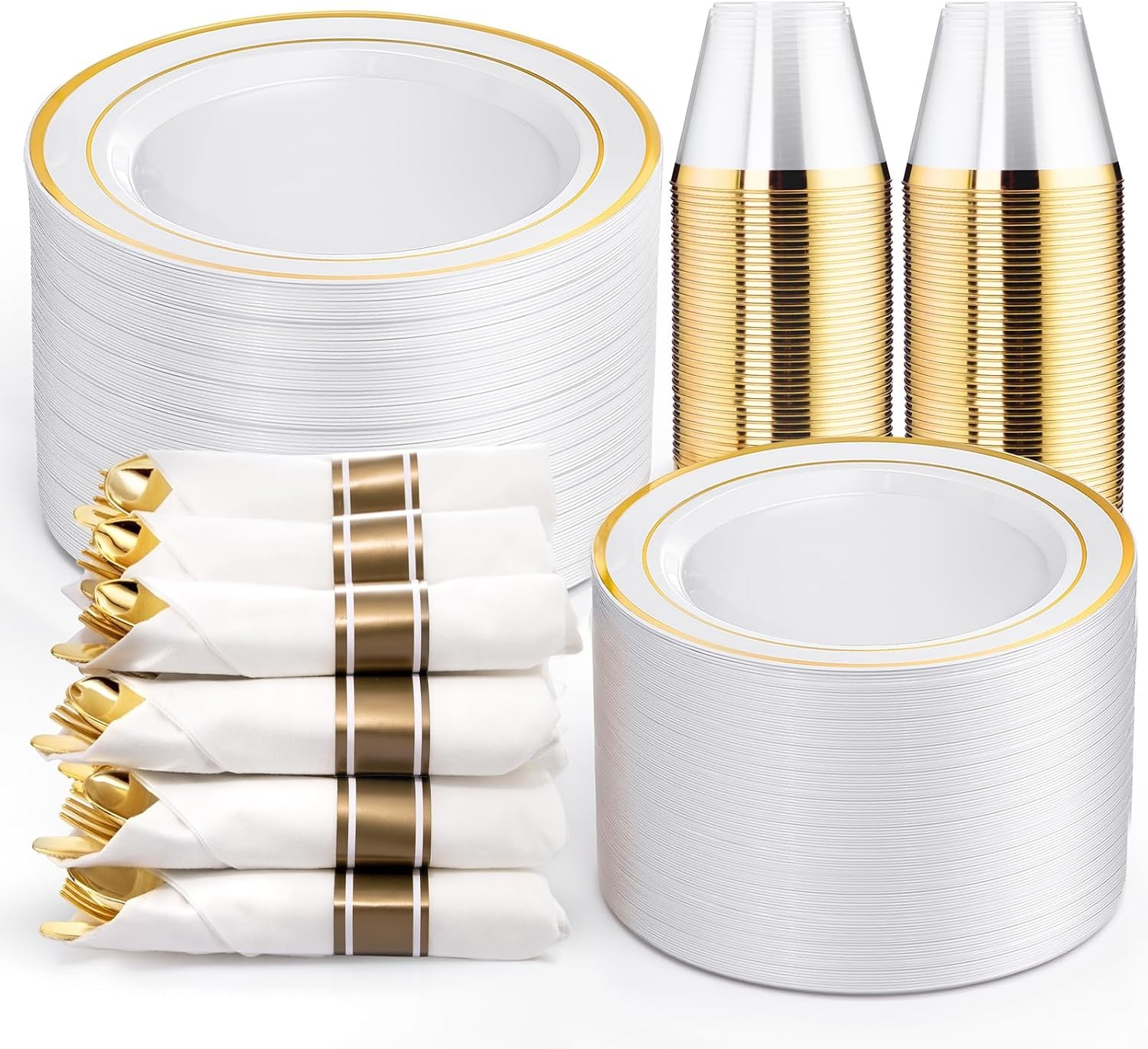 Disposable Plates & Gold Silverware Set, 350 Pieces for 50 Guests