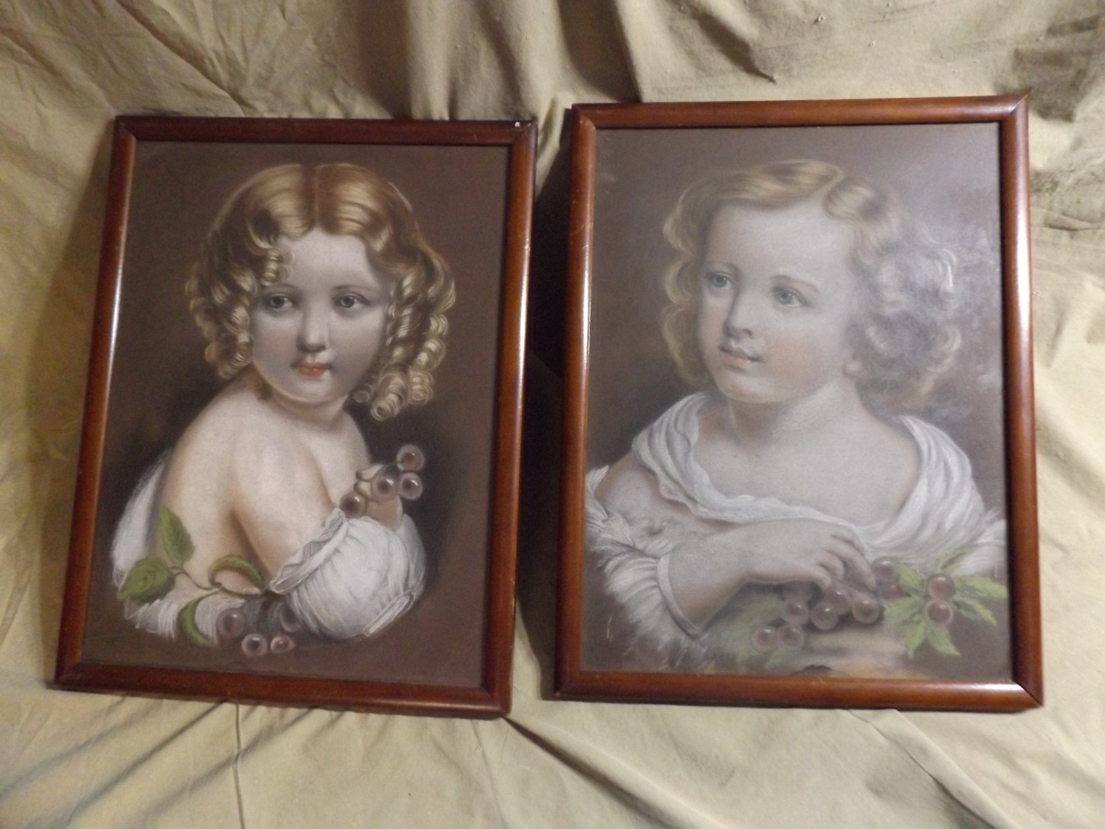 1821 Antique Pair Pastel Portrait Drawings SUSAN HAGER Lititz Seminary 12x16\