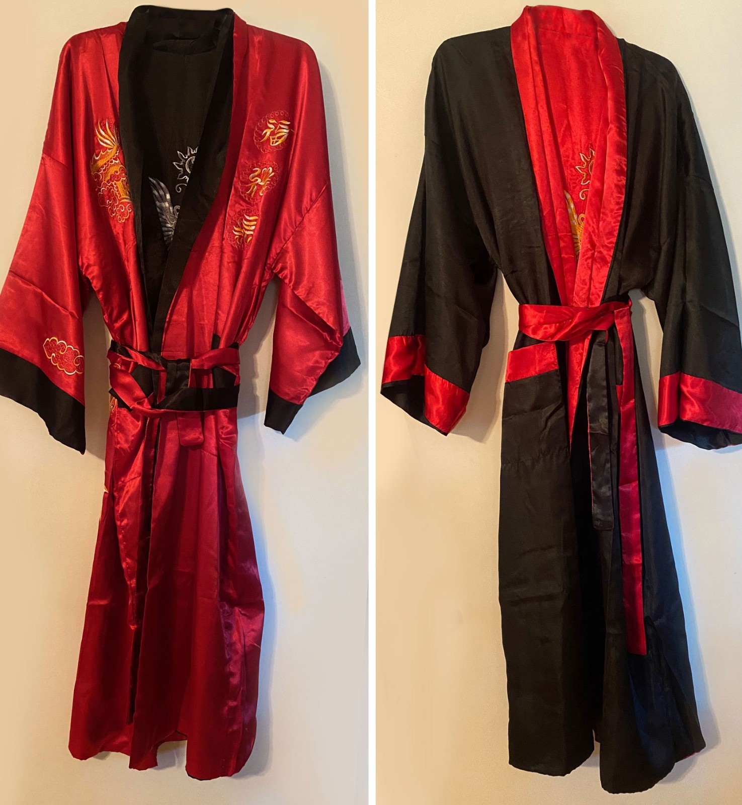 NEW Reversible Silk Kimono – Red & Black Embroidered Asian-Inspired. One size.