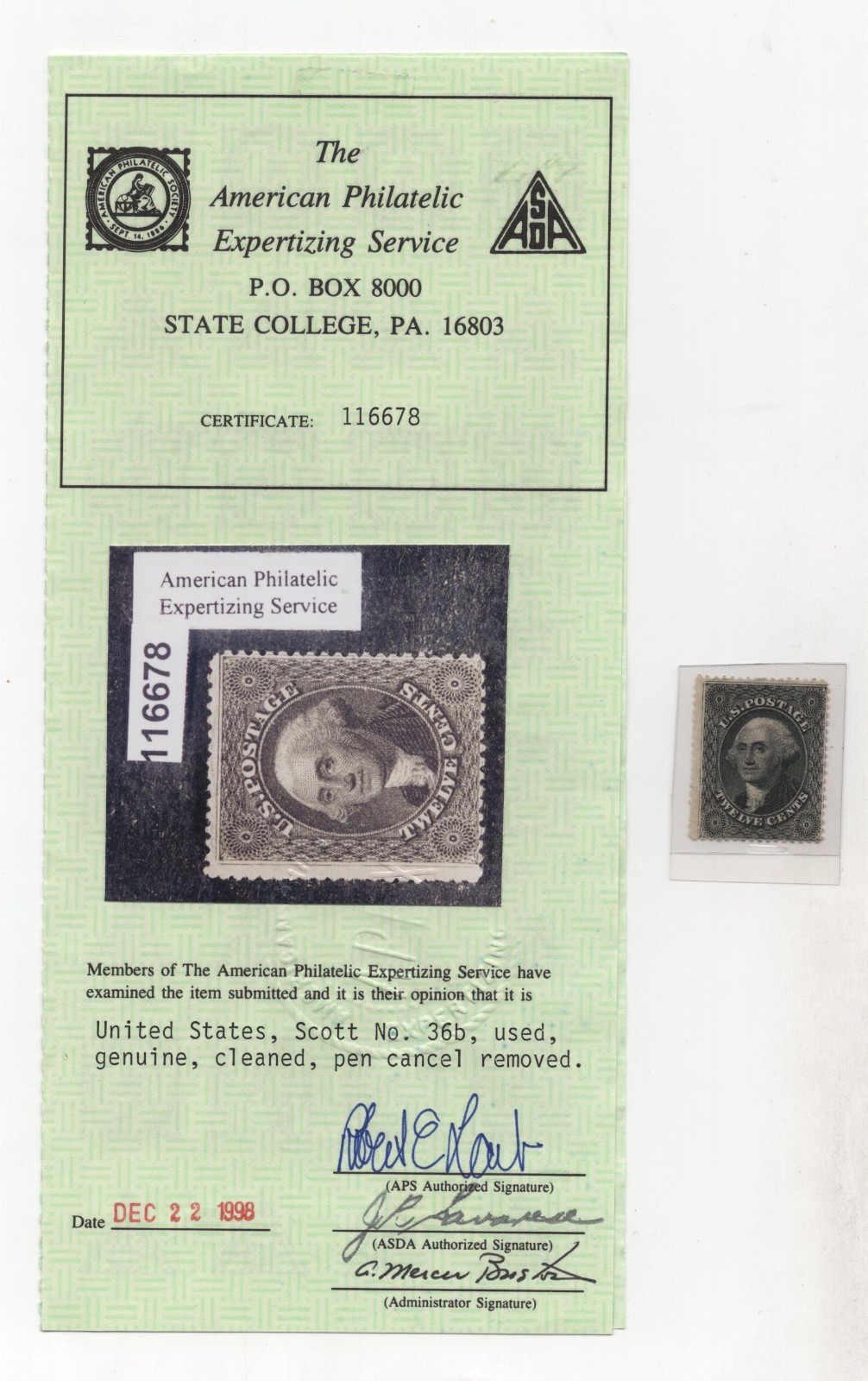 US 1859 SCOTT #36B USED WITH APS CERTIFICATE DESCRIBED \