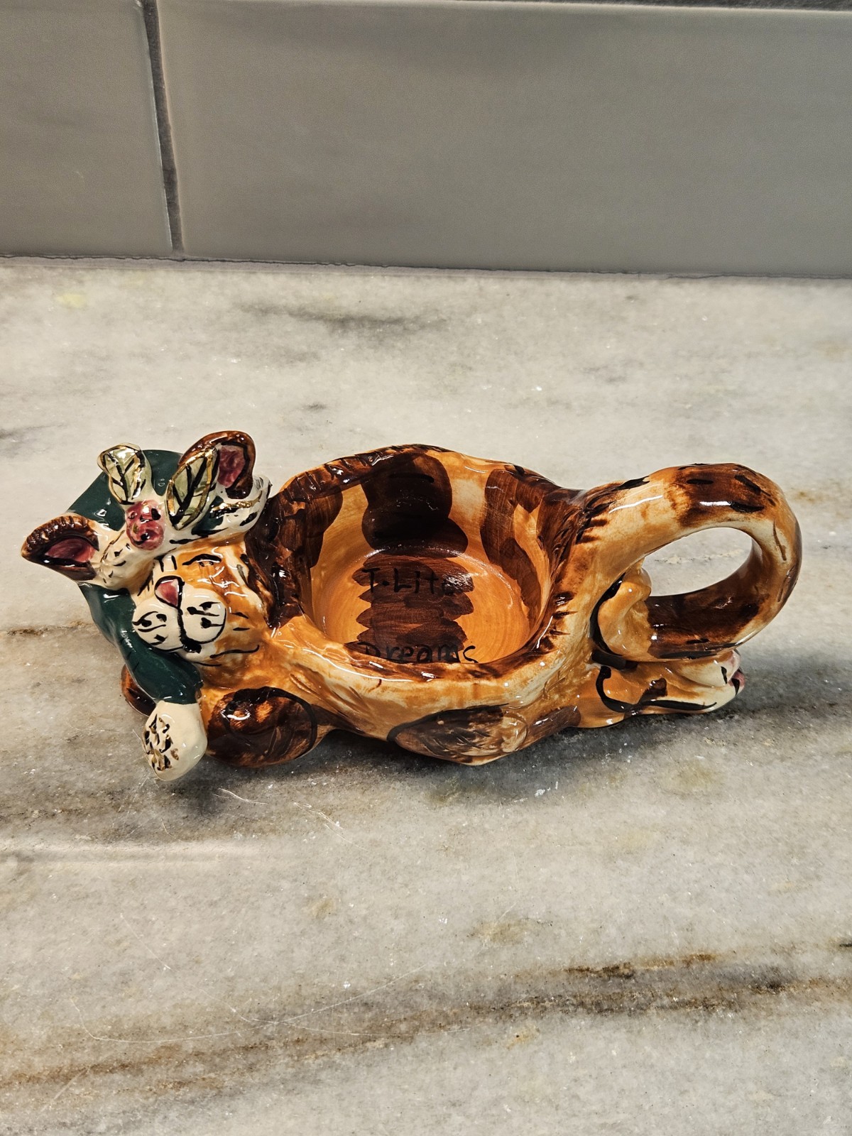 Vintage 2001 Blue Sky Clayworks Heather Goldminc Tiger Cat Tea Light Holder EUC