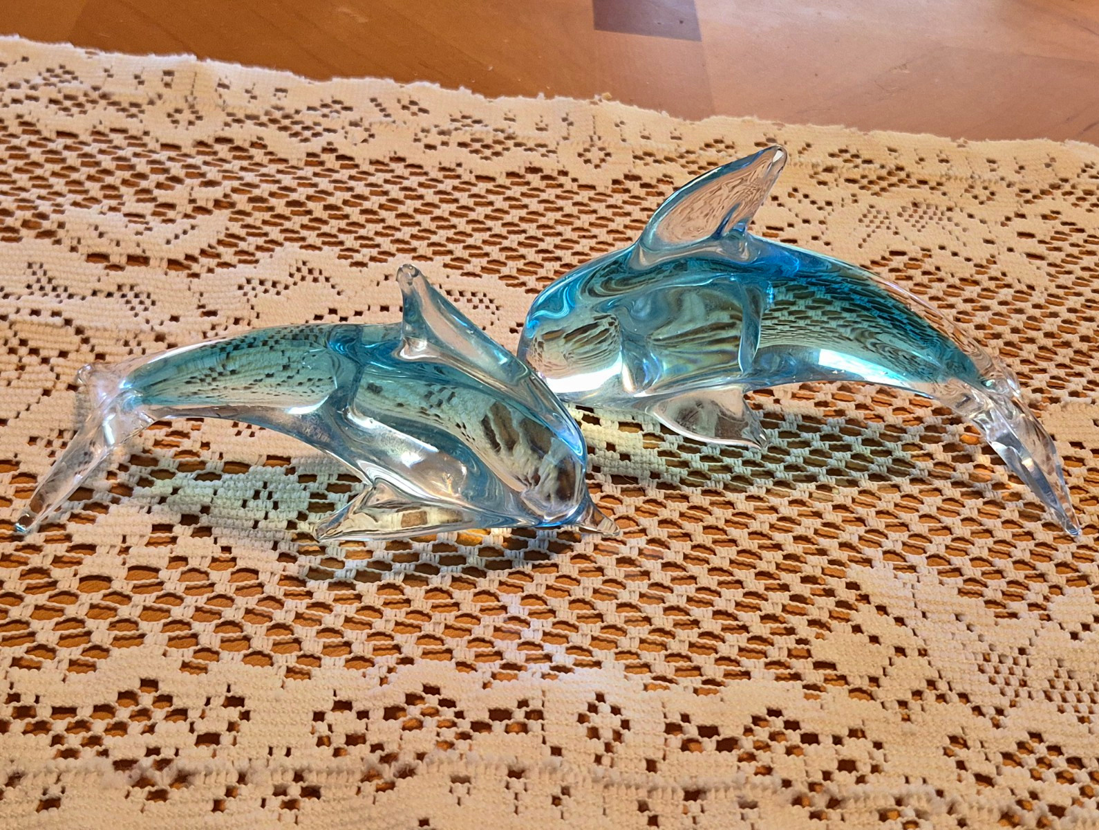 Blue Glass Mother and Baby Playing Dolphin Figurines Set Murano Glass