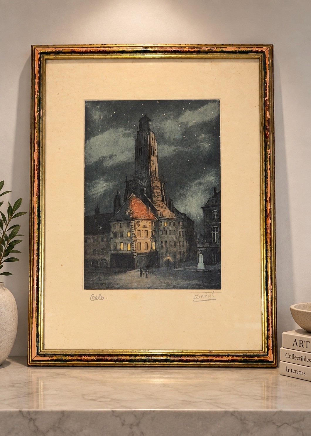 Antique L Davril Signed Aquatint Etching Calais Ancien France Night Architecture