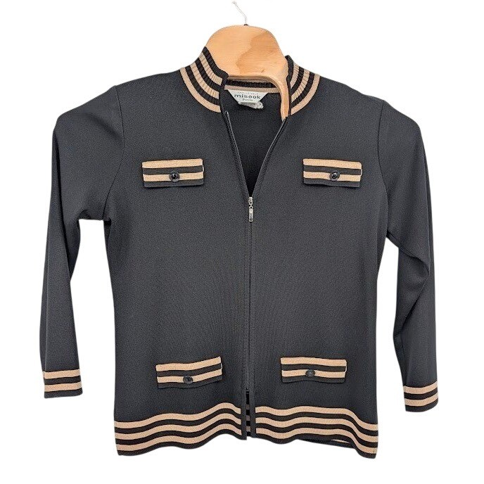 Misook Petites Zip Front Knit Cardigan Jacket Black Gold Trim Women\'s PM Misook Petites Zip Front Knit Cardigan Jacket Black Gold Trim Women\'s PM