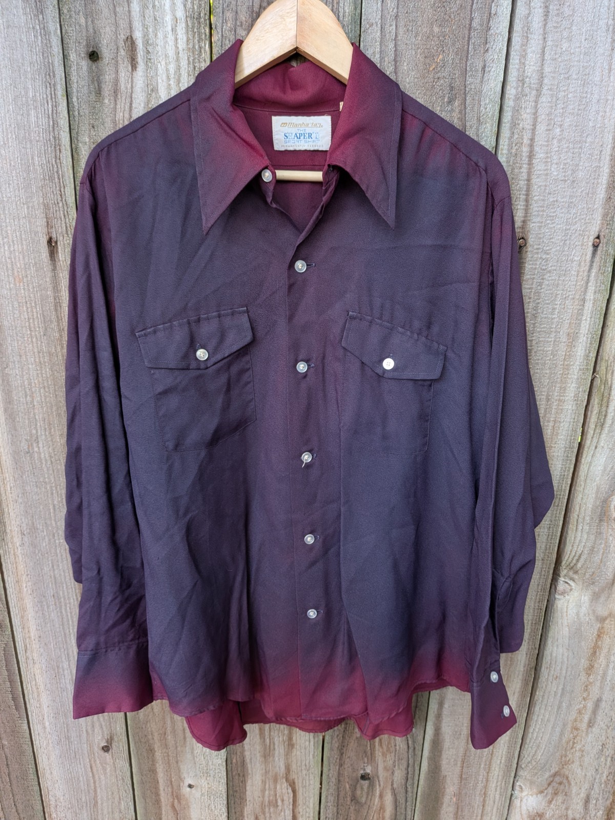 VIntage Disco Shirt 70s Manhattan Sport Dagger Collar Iridescent Blue Purple