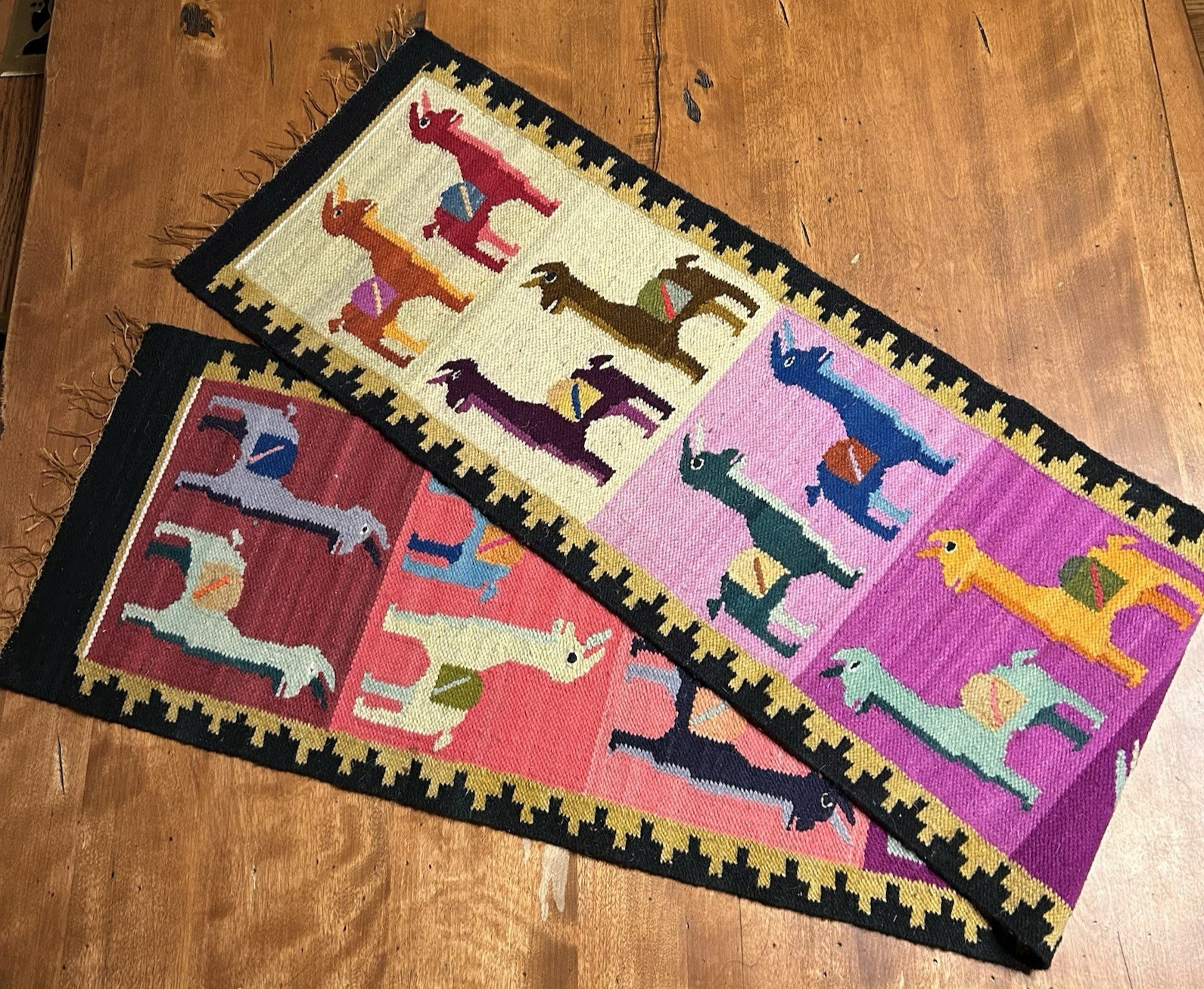 Vtg Peruvian Style Wool Tapestry Alpaca Llama Table Runner Wall Hanging 60\
