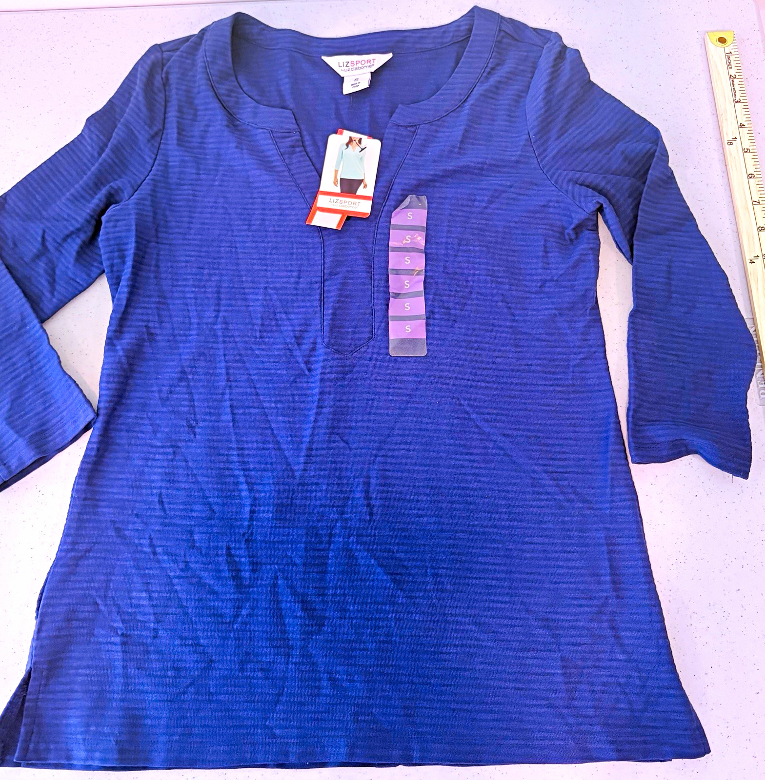 LIZ SPORT by Liz Claiborne Women’s V-Neck Long Sleeve Cotton Tee Blue S