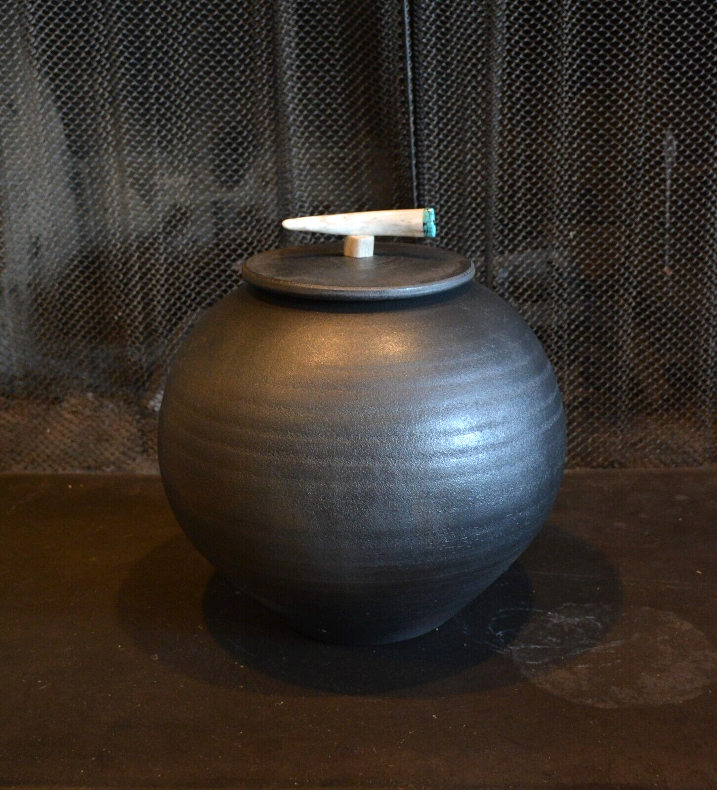 Wimberg - Vintage Southwest Art Pot w. Lid -  Inset Turquoise Handle - 12\