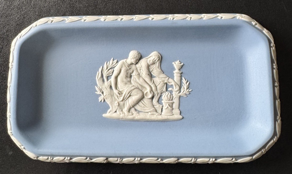 Vintage Wedgwood Blue Jasperware Tray Greek Roman Relief Trinket Dish England